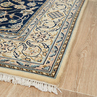 Navy Blue Beige Multi Colour Floral Patterned Hand Knotted Oriental Wool Rug - 3