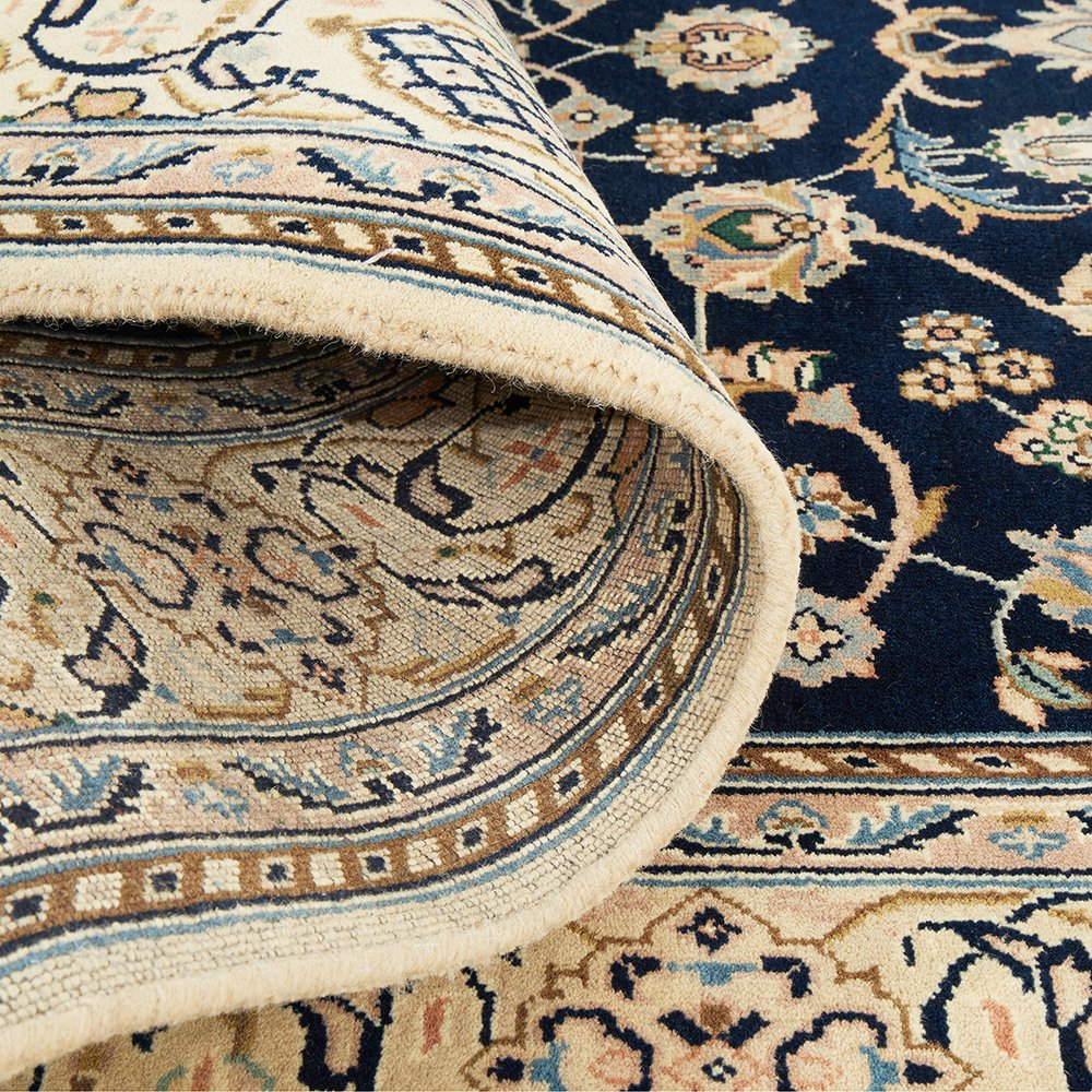 Navy Blue Beige Multi Colour Floral Patterned Hand Knotted Oriental Wool Rug - 7