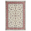 Decorative rug with floral pattern and pink border on a white background