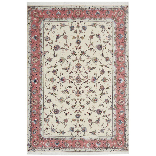 Decorative rug with floral pattern and pink border on a white background