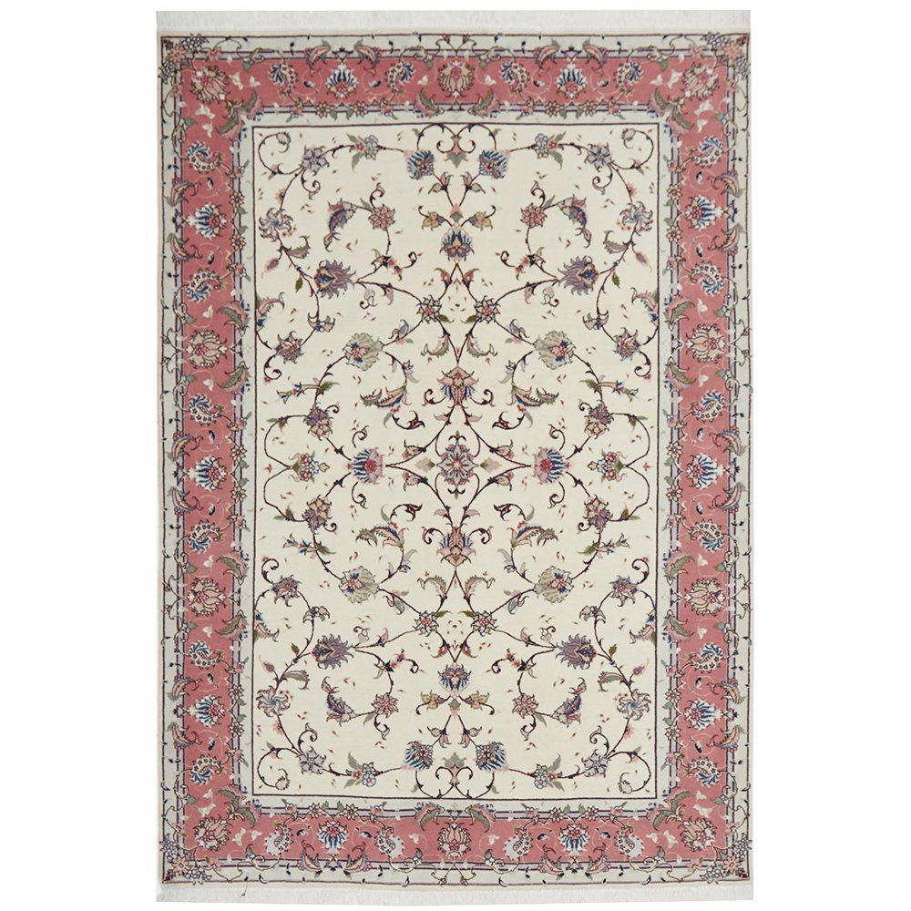 Decorative rug with floral pattern and pink border on a white background