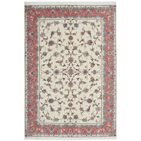 Decorative rug with floral pattern and pink border on a white background
