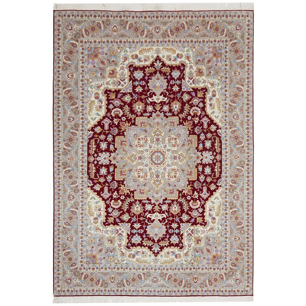 Persian Heri Tabriz Raj Medallion Red Beige Multi Colour Hand Knotted Wool Rug - Rugs Of Beauty - 1