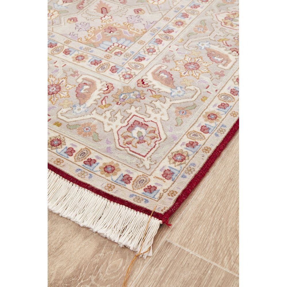 Persian Heri Tabriz Raj Medallion Red Beige Multi Colour Hand Knotted Wool Rug - Rugs Of Beauty - 2