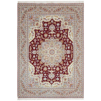 Persian Heri Tabriz Raj Medallion Red Beige Multi Colour Hand Knotted Wool Rug - Rugs Of Beauty - 1