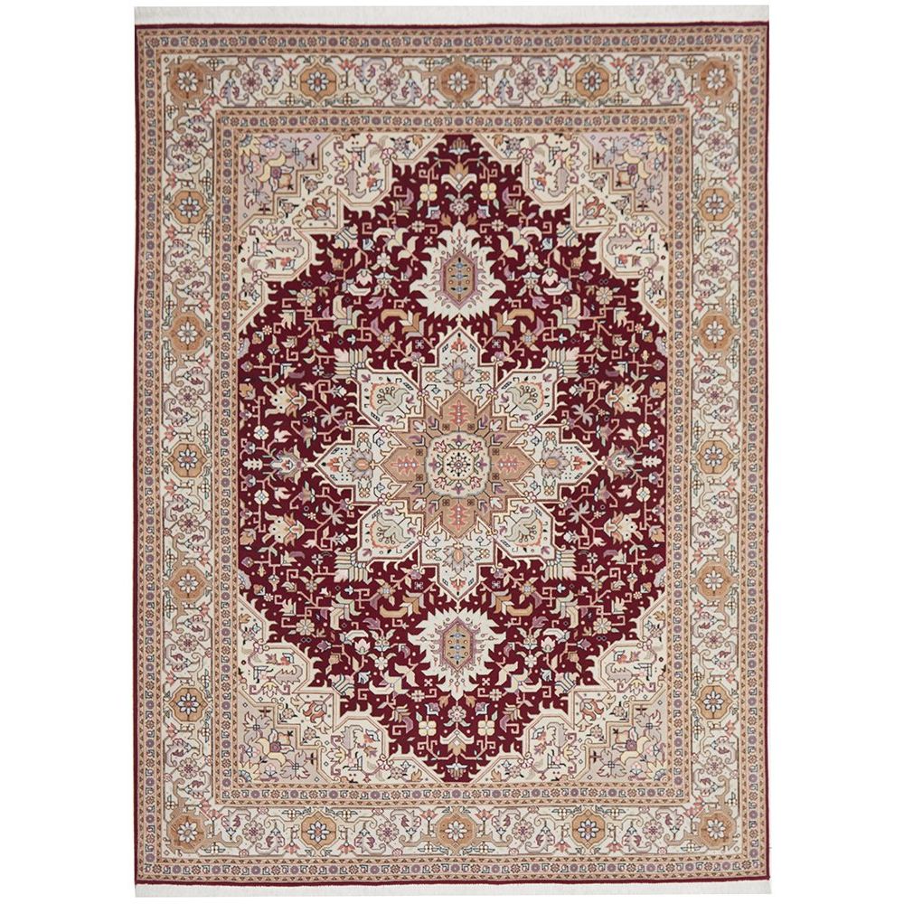 Decorative Persian wool rug with intricate patterns in red and beige