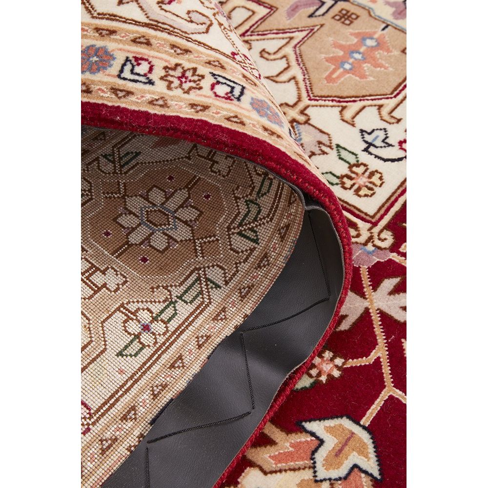 Close-up of a patterned Persian wool rug with a red border and intricate designs.
