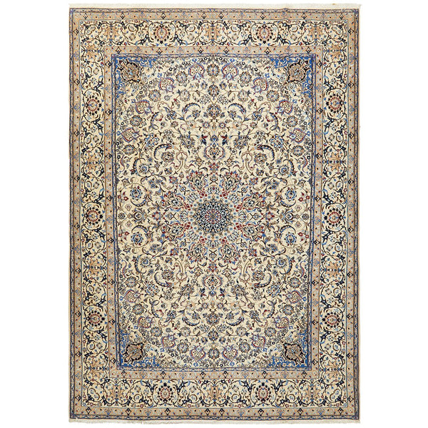 Persian Blue Beige Multi Colour Medallion Floral Patterned Naein Hand Knotted Wool Rug - 1