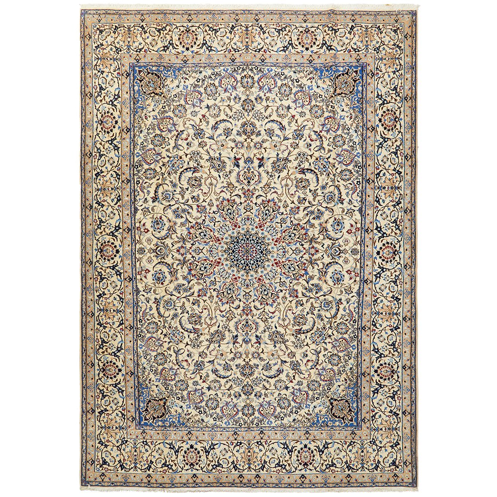 Persian Blue Beige Multi Colour Medallion Floral Patterned Naein Hand Knotted Wool Rug - 1