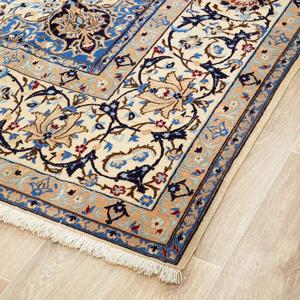 Persian Blue Beige Multi Colour Medallion Floral Patterned Naein Hand Knotted Wool Rug - 3