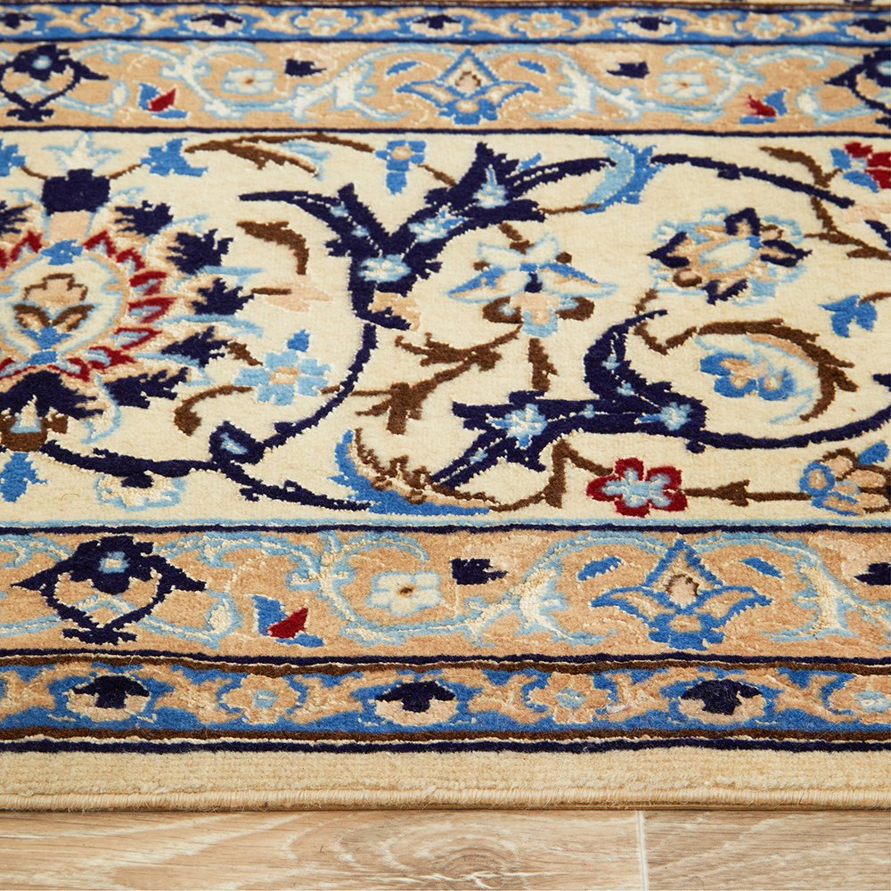 Persian Blue Beige Multi Colour Medallion Floral Patterned Naein Hand Knotted Wool Rug - 4