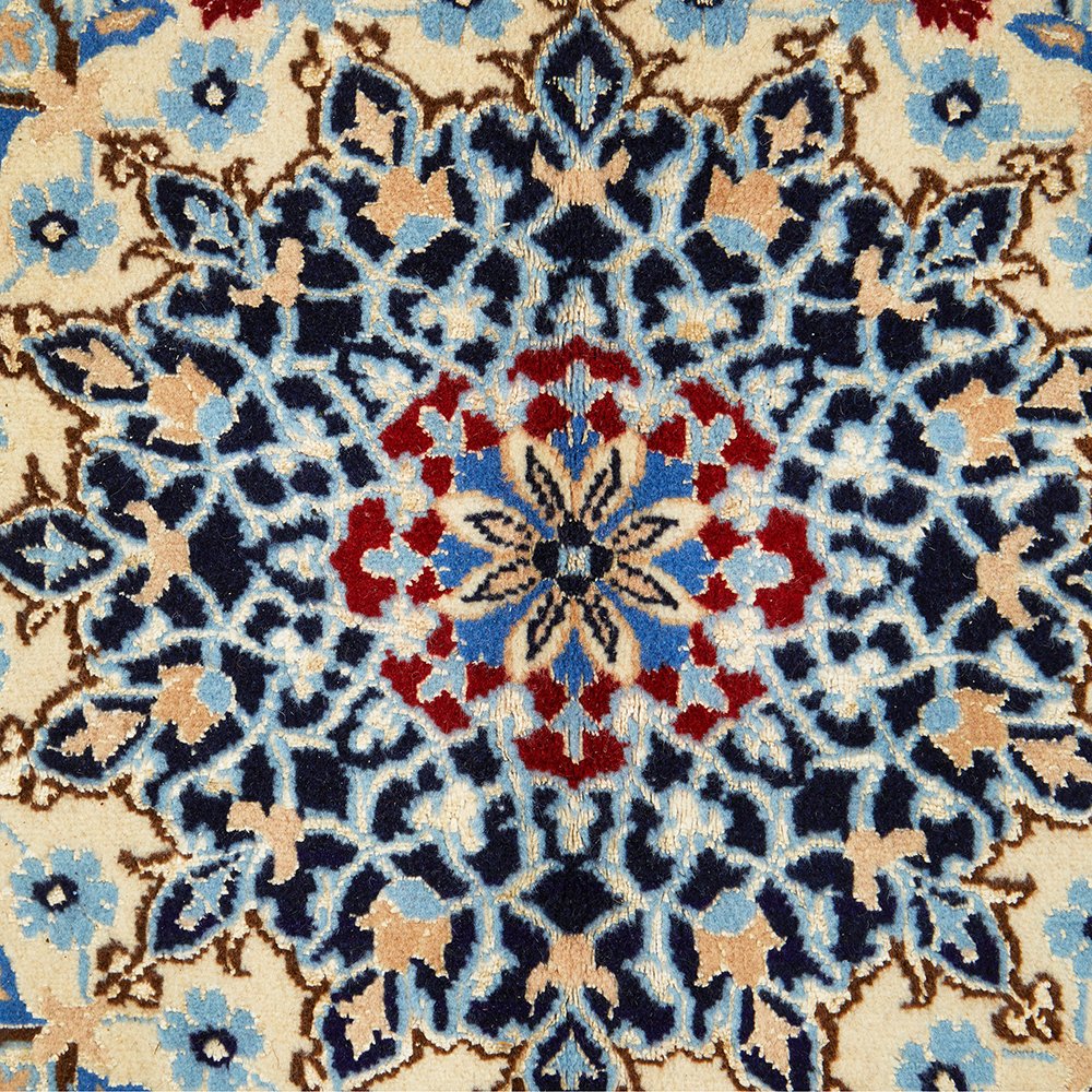Persian Blue Beige Multi Colour Medallion Floral Patterned Naein Hand Knotted Wool Rug - 6