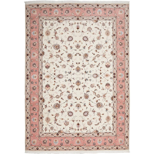 Floral patterned Persian wool rug with pink border