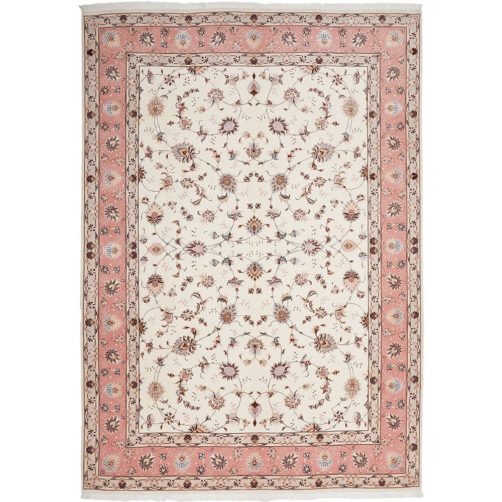 Floral patterned Persian wool rug with pink border