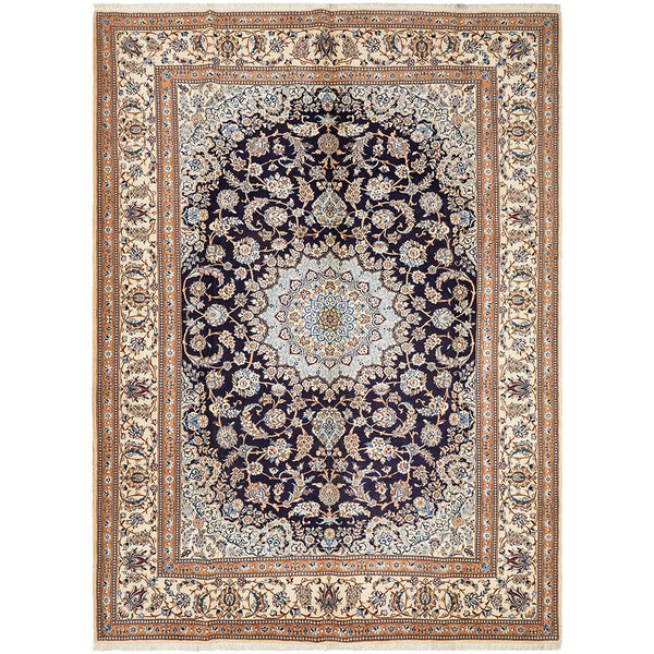 Persian Blue Beige Multi Colour Medallion Floral Patterned Naein Hand Knotted Wool Rug - 1