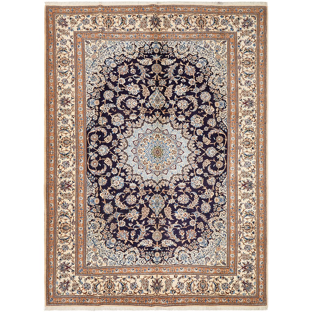 Persian Blue Beige Multi Colour Medallion Floral Patterned Naein Hand Knotted Wool Rug - 1