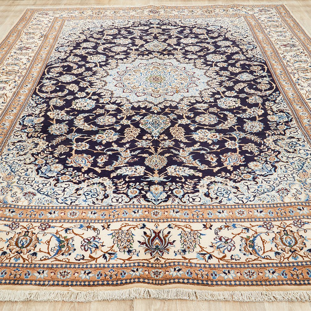 Persian Blue Beige Multi Colour Medallion Floral Patterned Naein Hand Knotted Wool Rug - 2