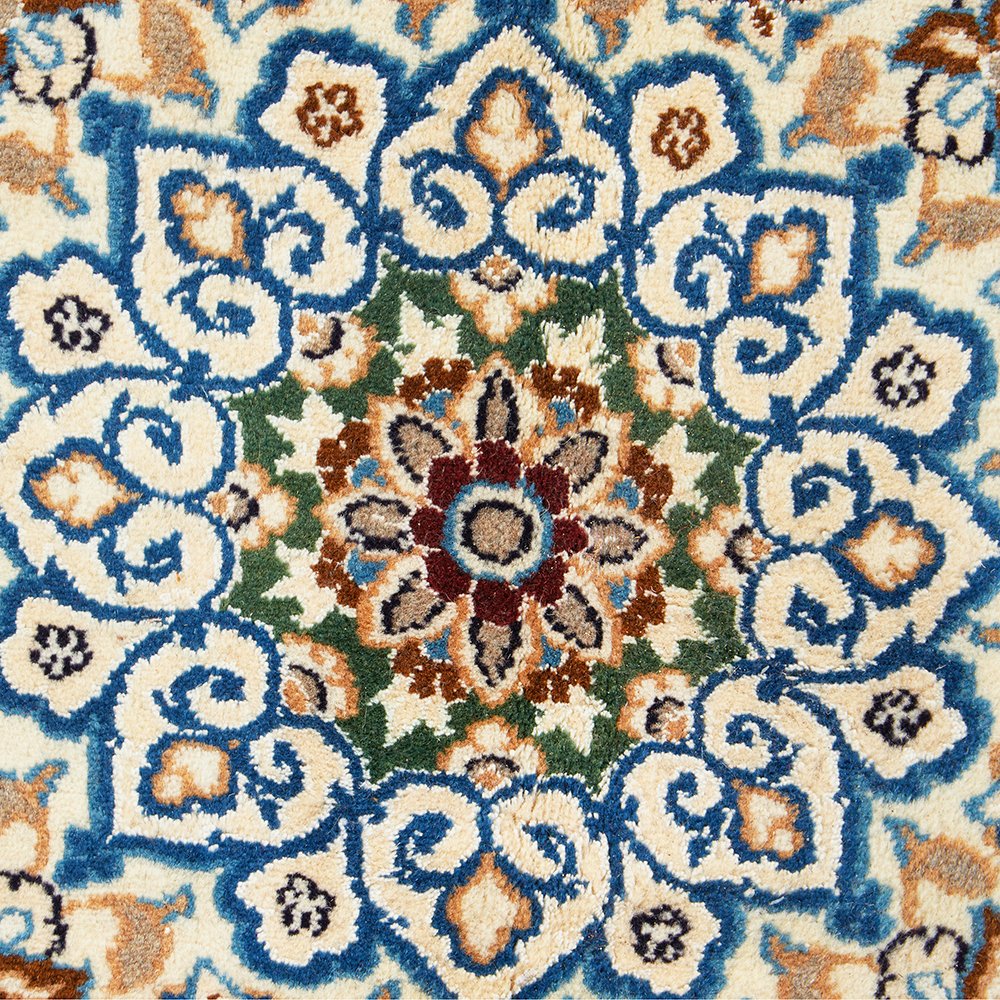 Persian Blue Beige Multi Colour Medallion Floral Patterned Naein Hand Knotted Wool Rug - 6