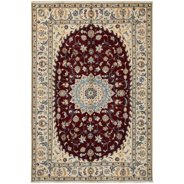 Persian Cream Red Blue Multi Colour Medallion Floral Patterned Naein Hand Knotted Wool Rug - 1
