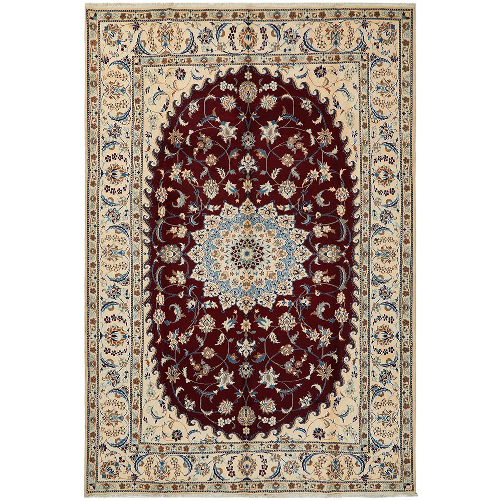 Persian Cream Red Blue Multi Colour Medallion Floral Patterned Naein Hand Knotted Wool Rug - 1