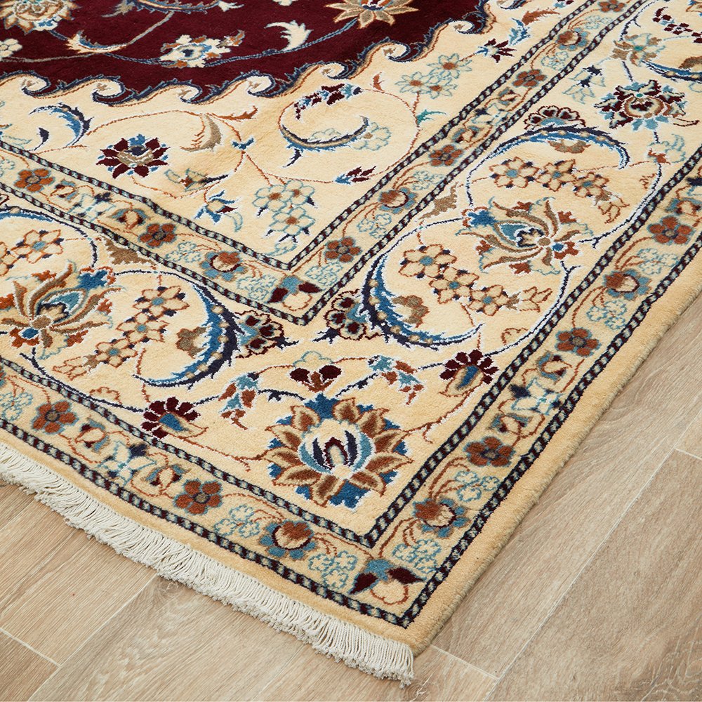 Persian Cream Red Blue Multi Colour Medallion Floral Patterned Naein Hand Knotted Wool Rug - 3