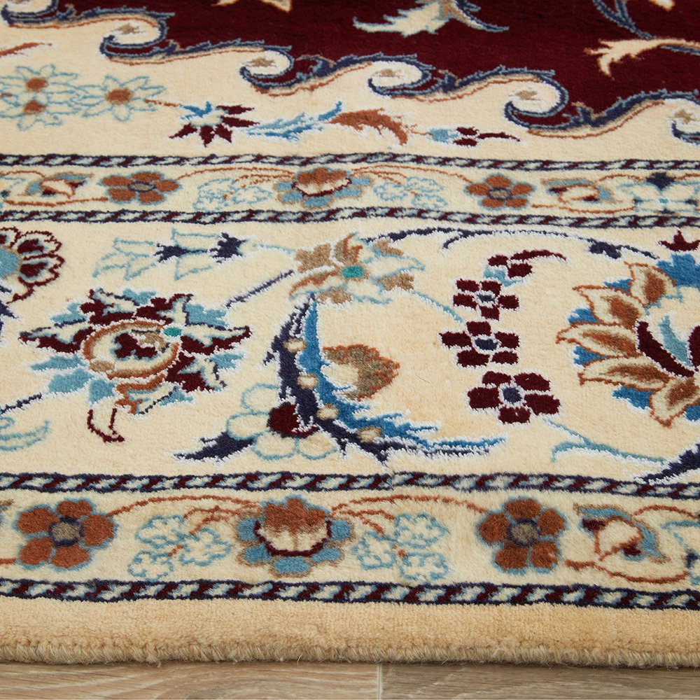 Persian Cream Red Blue Multi Colour Medallion Floral Patterned Naein Hand Knotted Wool Rug - 4