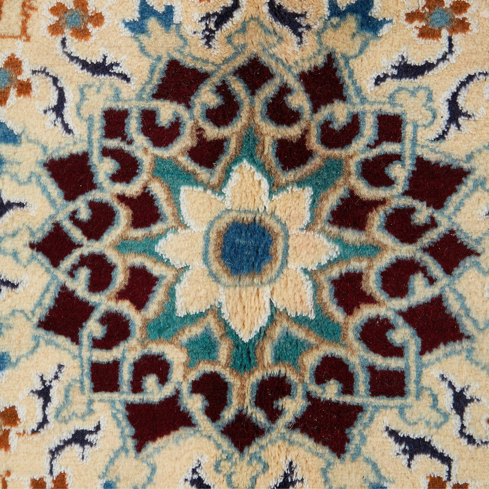Persian Cream Red Blue Multi Colour Medallion Floral Patterned Naein Hand Knotted Wool Rug - 6