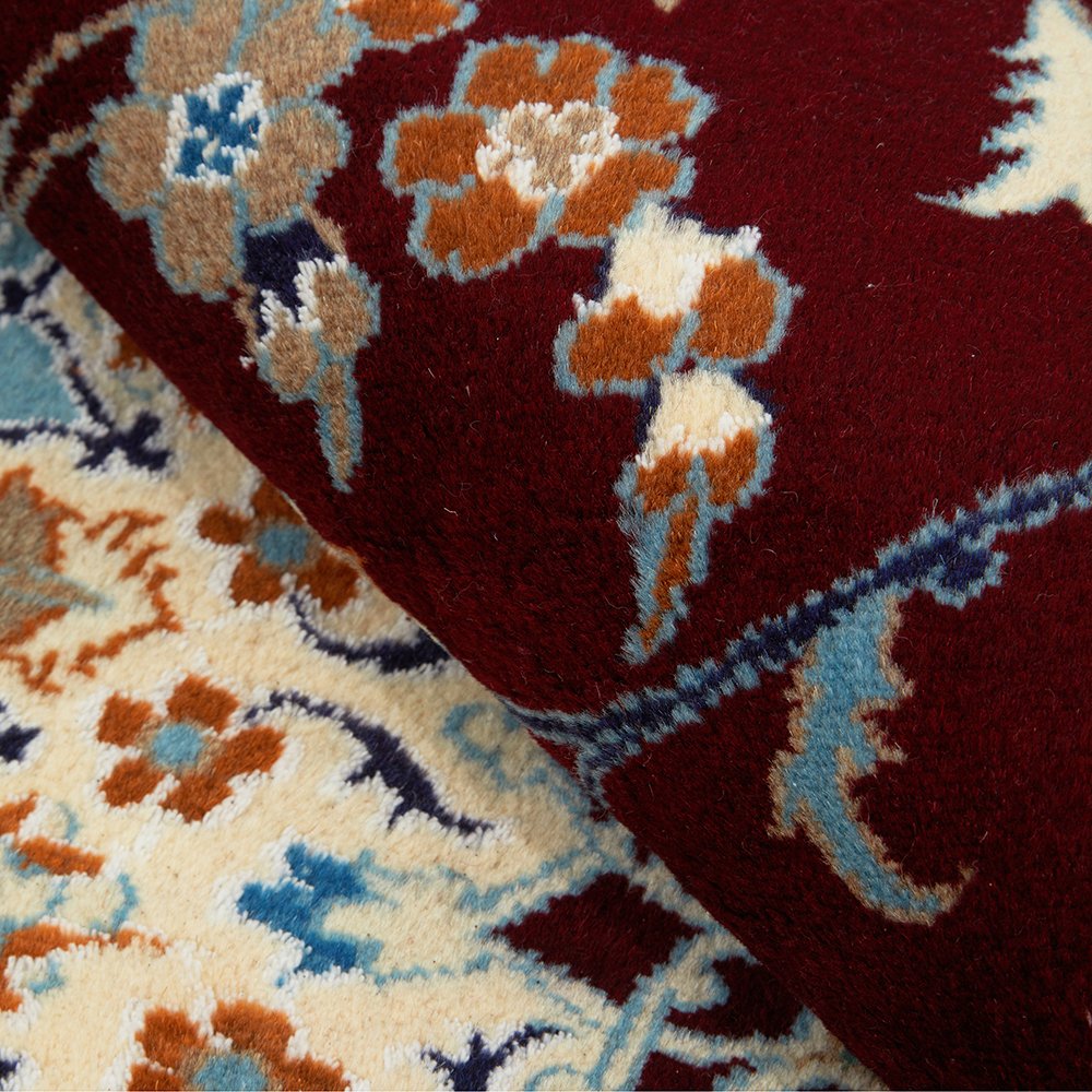 Persian Cream Red Blue Multi Colour Medallion Floral Patterned Naein Hand Knotted Wool Rug - 8