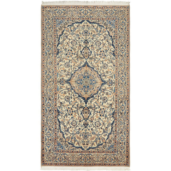 Persian Cream Blue Multi Colour Medallion Floral Patterned Naein Hand Knotted Wool Rug - 1