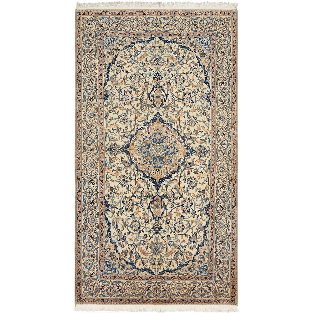 Persian Cream Blue Multi Colour Medallion Floral Patterned Naein Hand Knotted Wool Rug - 1