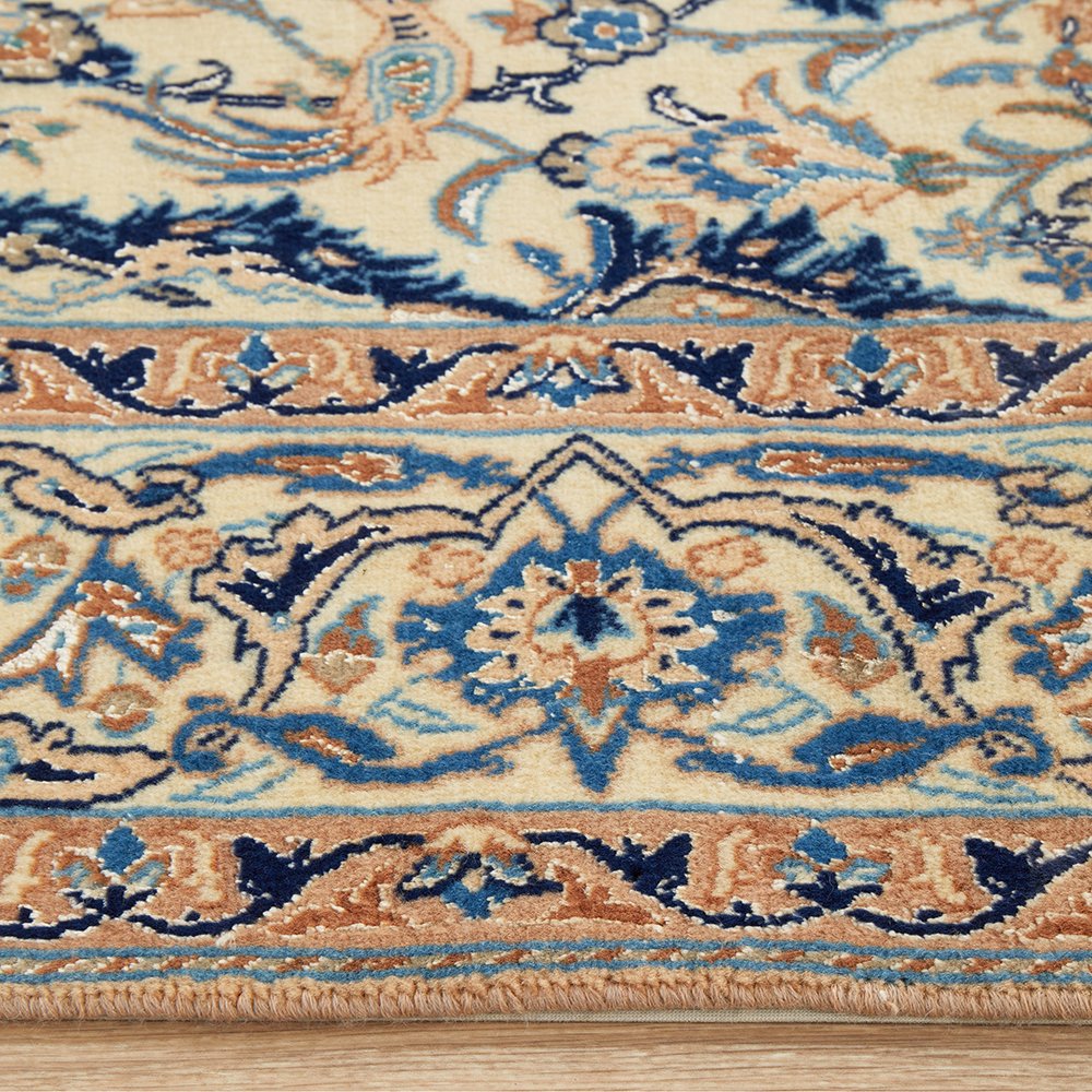 Persian Cream Blue Multi Colour Medallion Floral Patterned Naein Hand Knotted Wool Rug - 4