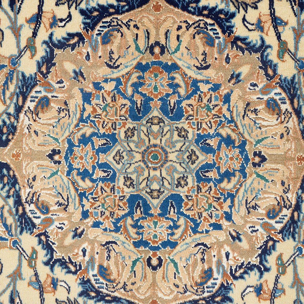 Persian Cream Blue Multi Colour Medallion Floral Patterned Naein Hand Knotted Wool Rug - 5