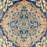 Persian Cream Blue Multi Colour Medallion Floral Patterned Naein Hand Knotted Wool Rug - 5