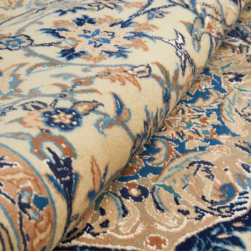 Persian Cream Blue Multi Colour Medallion Floral Patterned Naein Hand Knotted Wool Rug - 8