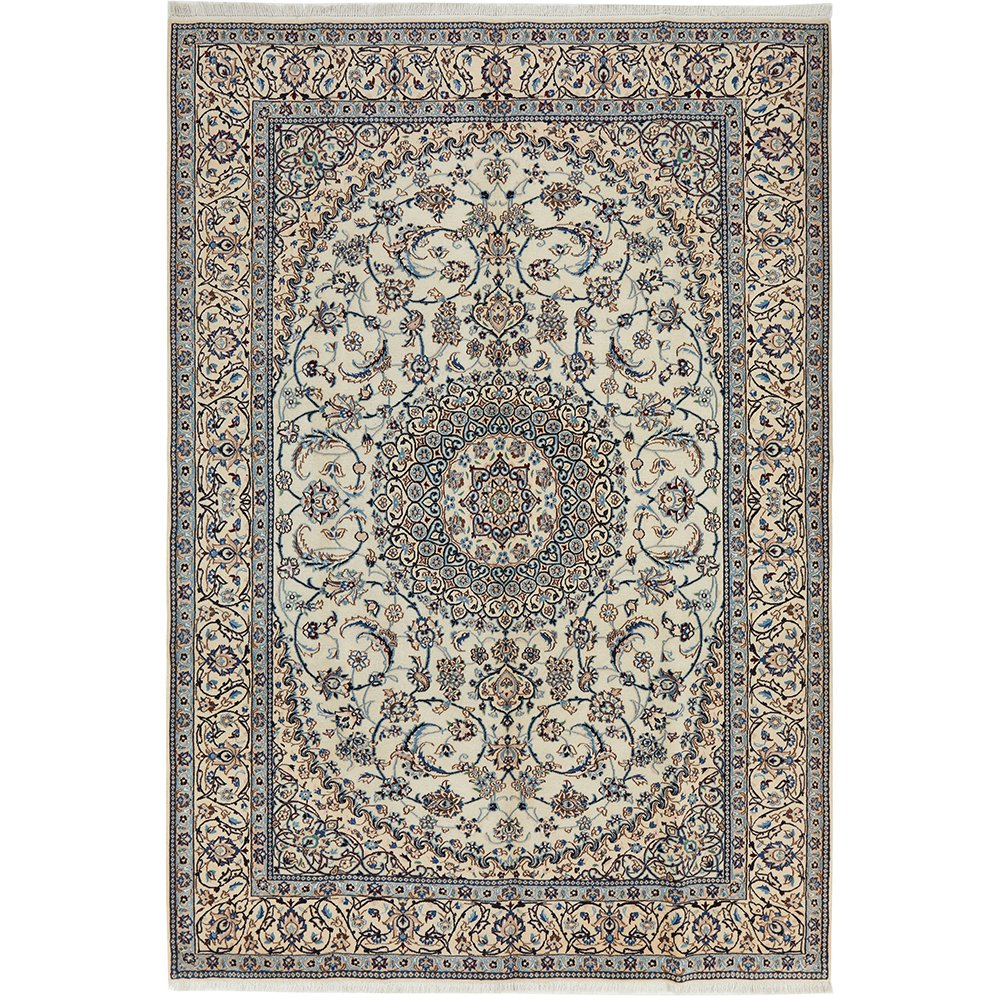 Persian Cream Blue Multi Colour Medallion Floral Patterned Naein Hand Knotted Wool Rug - 1