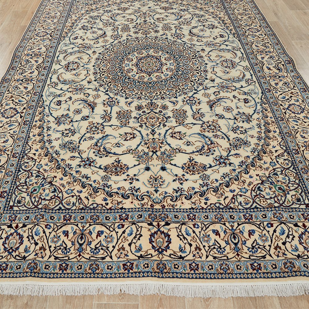 Persian Cream Blue Multi Colour Medallion Floral Patterned Naein Hand Knotted Wool Rug - 2
