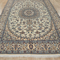Persian Cream Blue Multi Colour Medallion Floral Patterned Naein Hand Knotted Wool Rug - 2