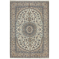 Persian Cream Blue Multi Colour Medallion Floral Patterned Naein Hand Knotted Wool Rug - 1