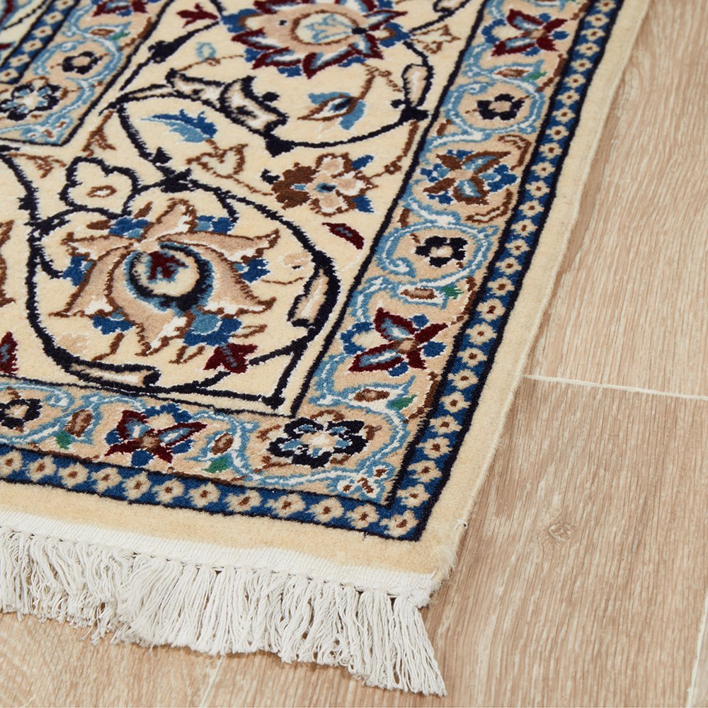 Persian Cream Blue Multi Colour Medallion Floral Patterned Naein Hand Knotted Wool Rug - 3