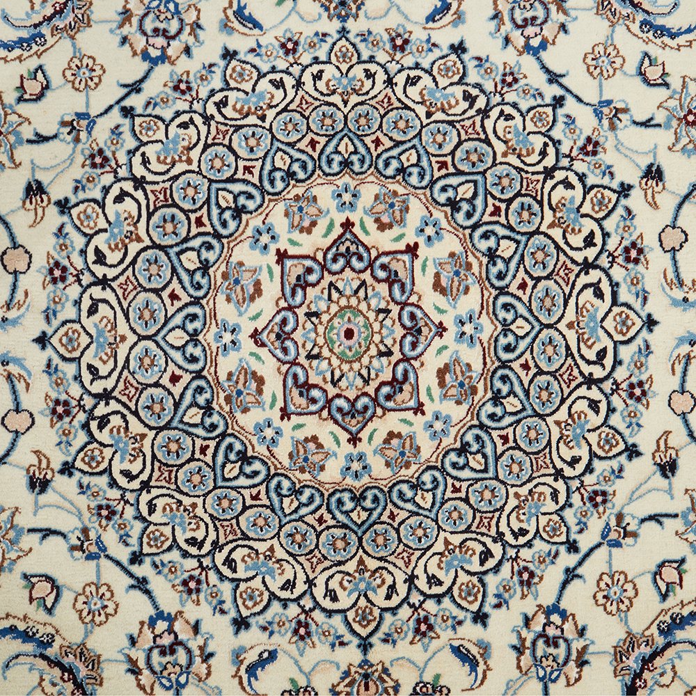 Persian Cream Blue Multi Colour Medallion Floral Patterned Naein Hand Knotted Wool Rug - 5