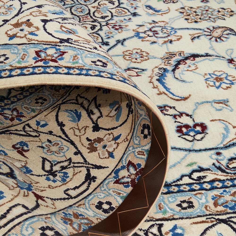 Persian Cream Blue Multi Colour Medallion Floral Patterned Naein Hand Knotted Wool Rug - 7