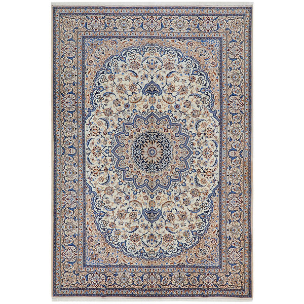 Persian Cream Blue Tan Multi Colour Medallion Floral Patterned Naein Hand Knotted Wool Rug - 1
