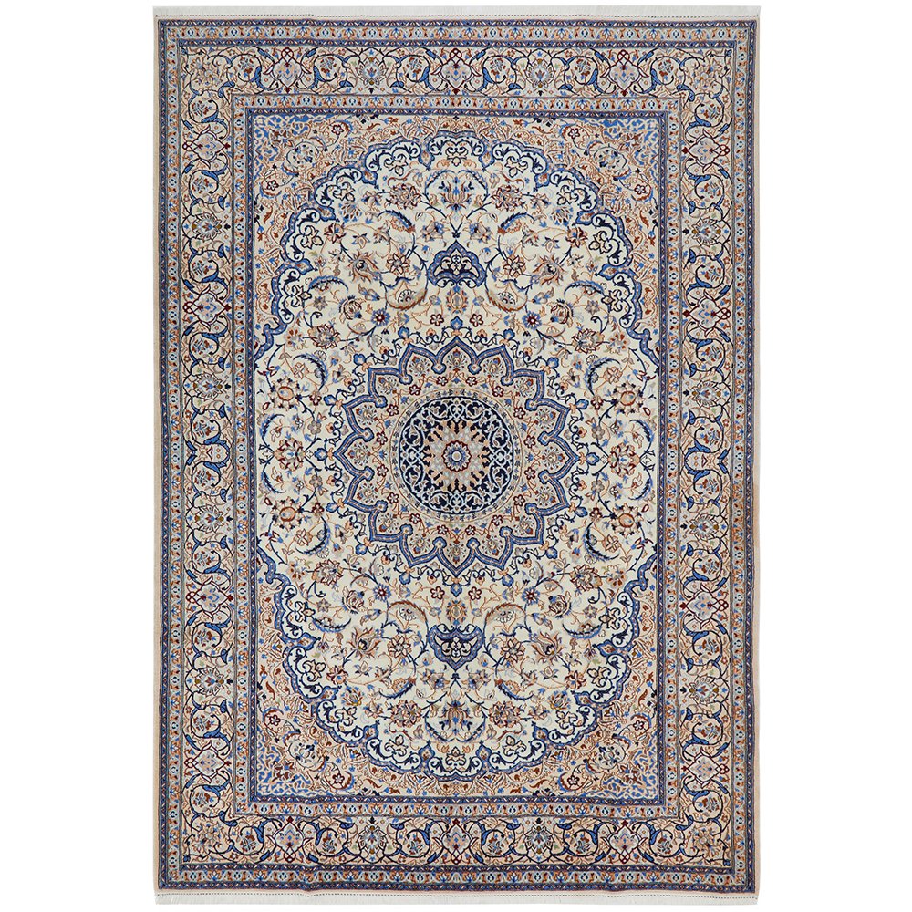Persian Cream Blue Tan Multi Colour Medallion Floral Patterned Naein Hand Knotted Wool Rug - 1