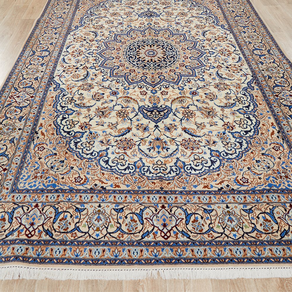 Persian Cream Blue Tan Multi Colour Medallion Floral Patterned Naein Hand Knotted Wool Rug - 2