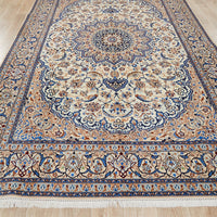 Persian Cream Blue Tan Multi Colour Medallion Floral Patterned Naein Hand Knotted Wool Rug - 2