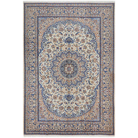 Persian Cream Blue Tan Multi Colour Medallion Floral Patterned Naein Hand Knotted Wool Rug - 1