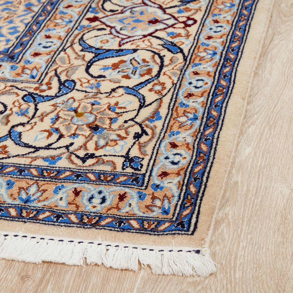 Persian Cream Blue Tan Multi Colour Medallion Floral Patterned Naein Hand Knotted Wool Rug - 3