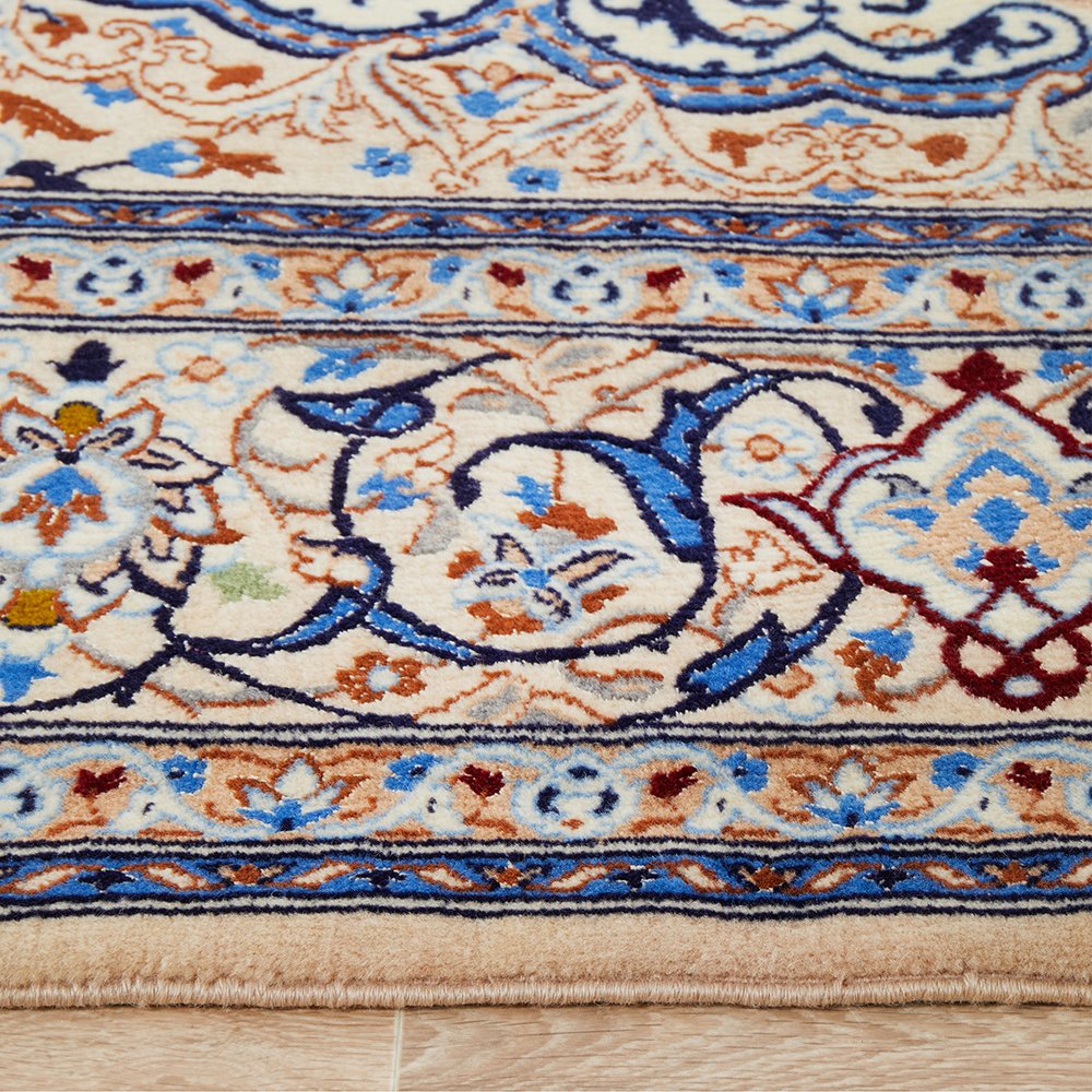 Persian Cream Blue Tan Multi Colour Medallion Floral Patterned Naein Hand Knotted Wool Rug - 4
