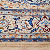 Persian Cream Blue Tan Multi Colour Medallion Floral Patterned Naein Hand Knotted Wool Rug - 4