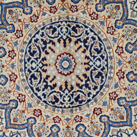 Persian Cream Blue Tan Multi Colour Medallion Floral Patterned Naein Hand Knotted Wool Rug - 5